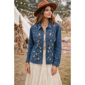 Embroidered Floral Denim Jacket Womens L Cottagecore Boho Whimsical Jean